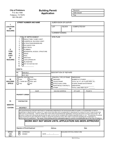 First page of the Building Permit Application