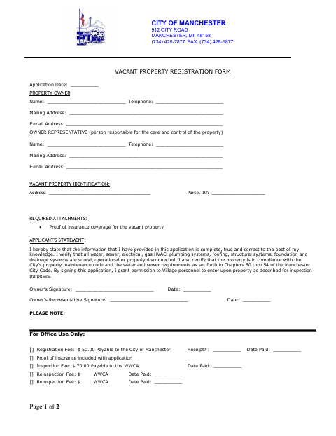 First page of the Vacant Property Registration Form