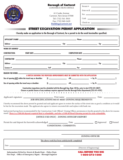 First page of the Street Excavation Permit Application