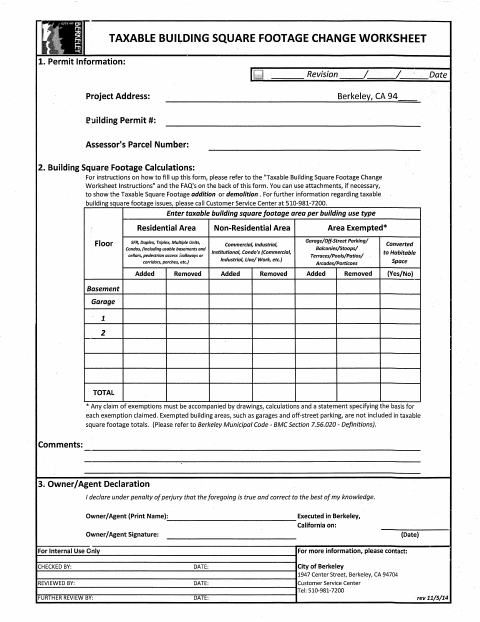 First page of the Taxable Building Square Footage Change Worksheet