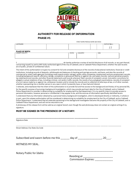 First page of the Authority for Release of Information