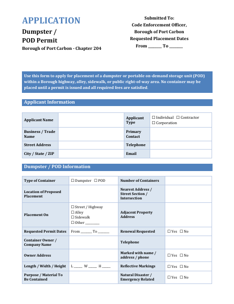 First page of the Dumpster / POD Permit Application