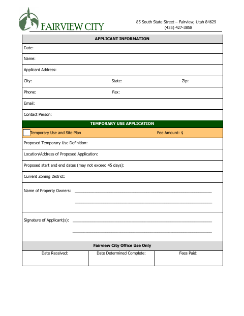 First page of the Temporary Use Application