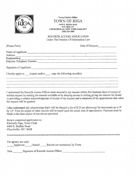 First page of the Records Access Application Under the Freedom of Information Law