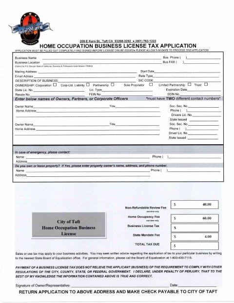 First page of the Home Occupation Business License Tax Application