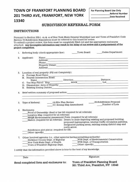 First page of the Subdivision Referral Form