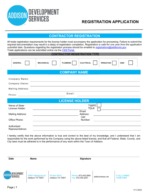 First page of the Contractor Registration Application