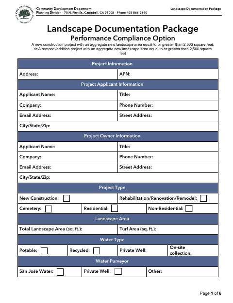 First page of the Landscape Documentation Package Performance Compliance