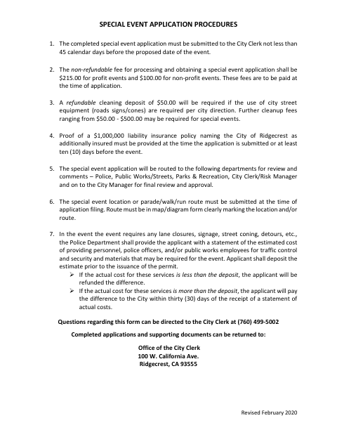 First page of the Special Event Application