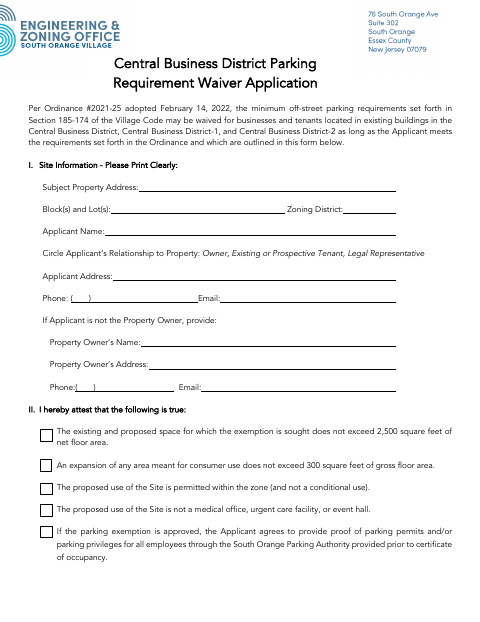First page of the Central Business District Parking Requirement Waiver Application