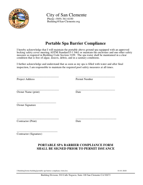 First page of the Portable Spa Barrier Compliance Form