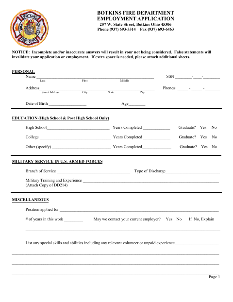 First page of the Fire Department Employment Application