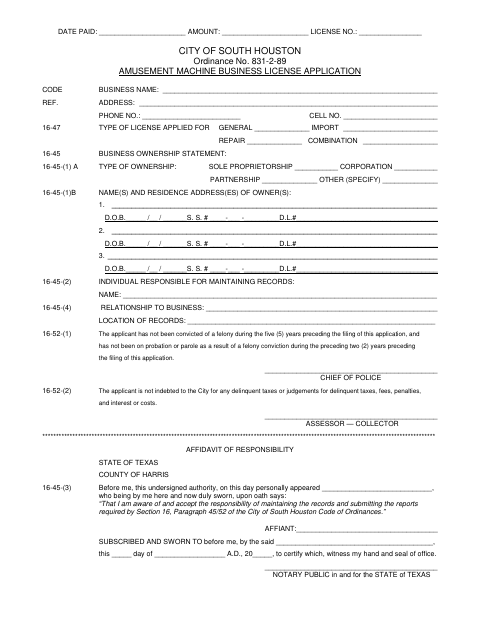 First page of the Amusement Machine Business License Application