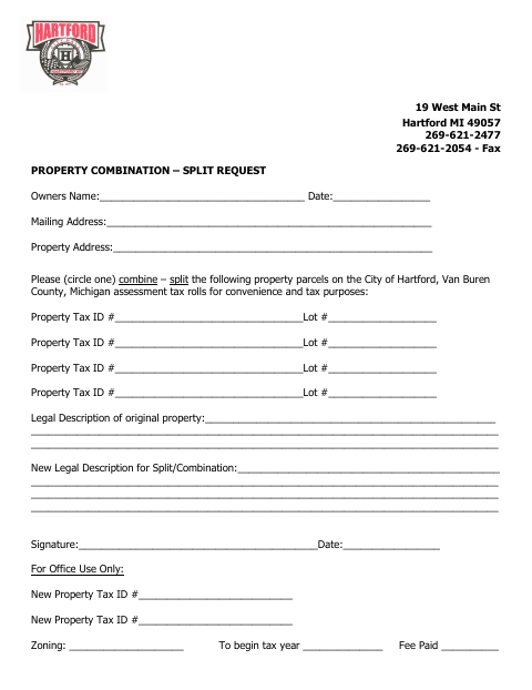 First page of the Property Combination–Split Request