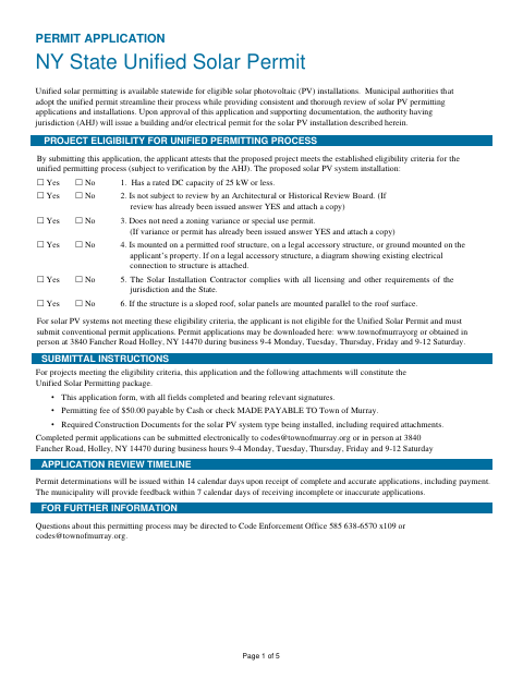 First page of the NY State Unified Solar Permit Application