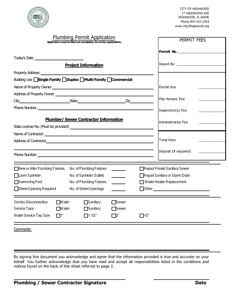 First page of the Plumbing Permit Application