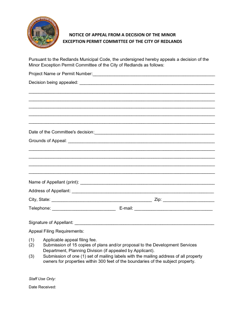 First page of the Notice of Appeal from a Decision of the Minor Exception Permit Committee