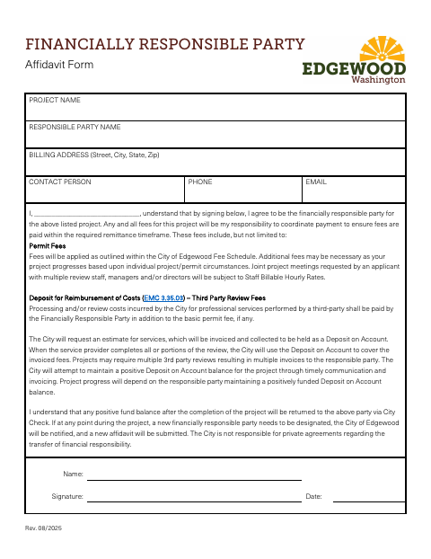 First page of the Financially Responsible Party Affidavit