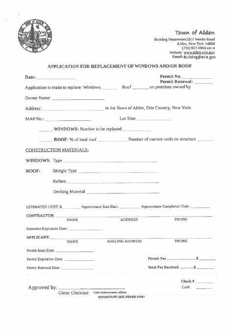 First page of the Window and/or Roof Replacement Form