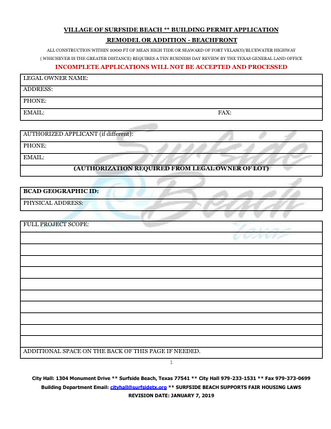 First page of the Building Permit Application Remodel or Addition Beachfront
