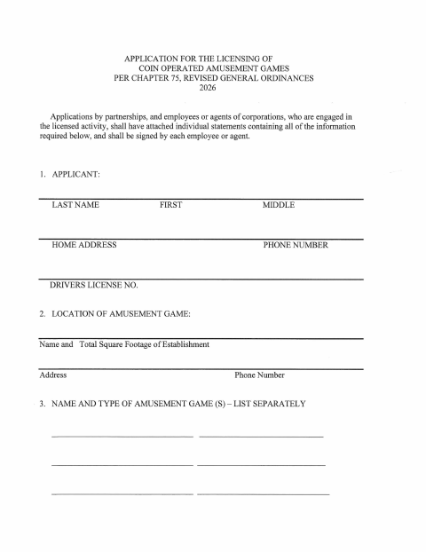 First page of the Application for Amusement Games License