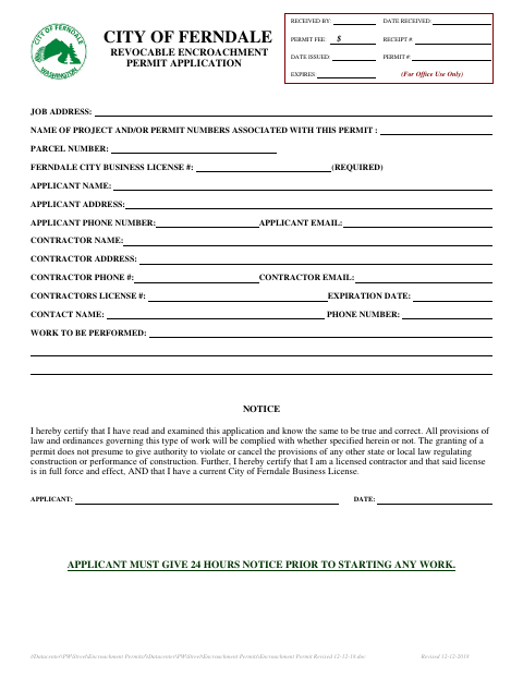 First page of the Revocable Encroachment Permit Application