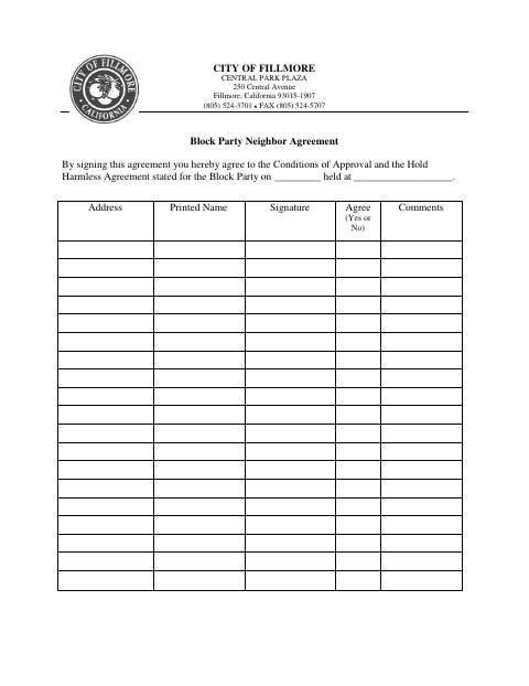 First page of the Block Party Neighbor Agreement