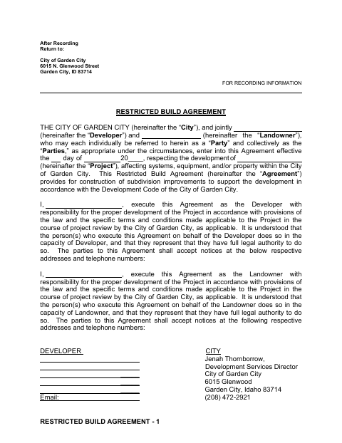 First page of the Restricted Build Agreement