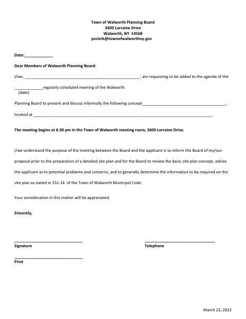 First page of the Planning Board Concept Application