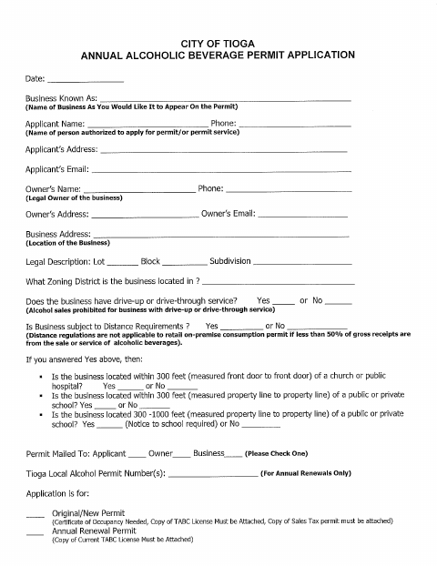 First page of the Annual Alcoholic Beverage Permit Application