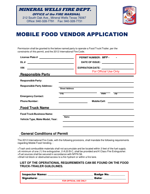 First page of the Mobile Food Vendor Application