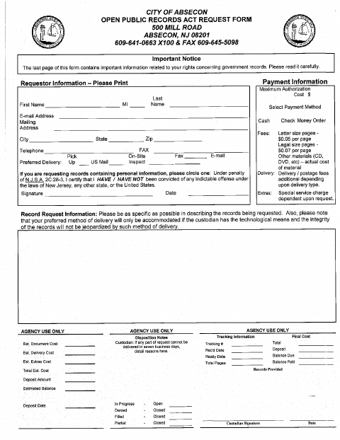 First page of the Open Public Records Act Request Form