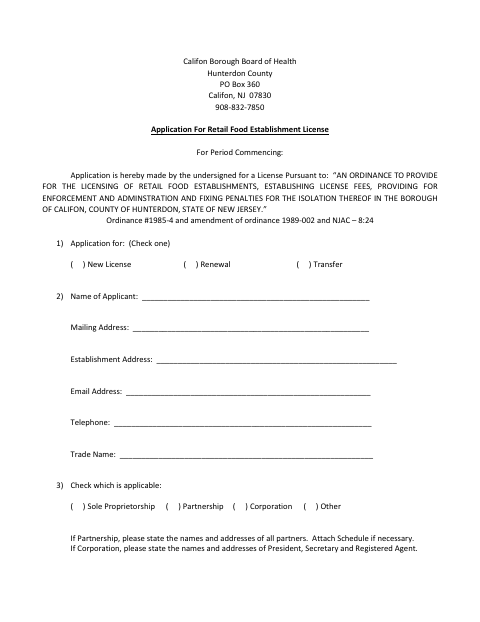 First page of the Application for Retail Food Establishment License
