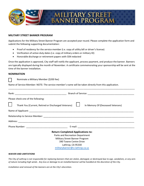 First page of the Military Street Banner Program Application