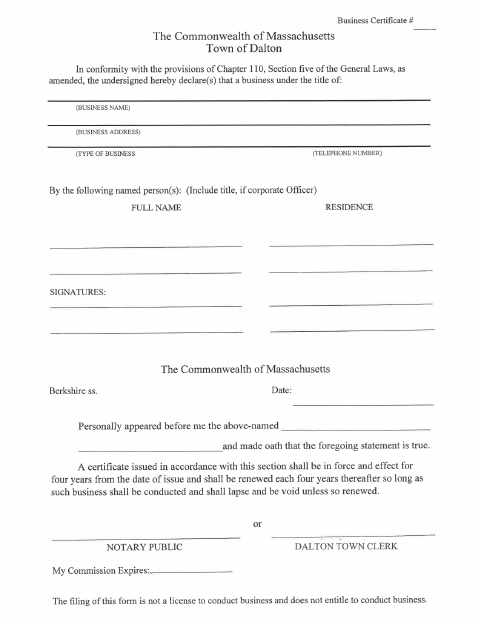 First page of the Business Certificate