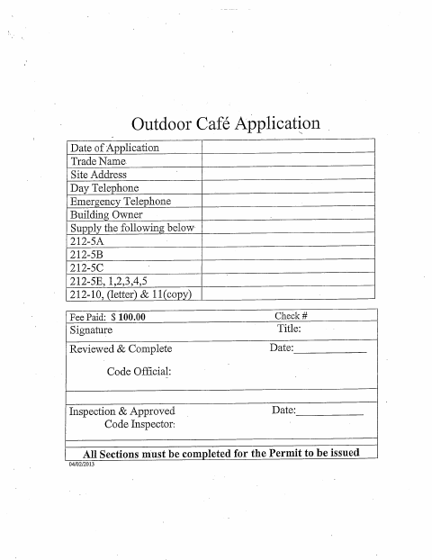 First page of the Outdoor Café Application