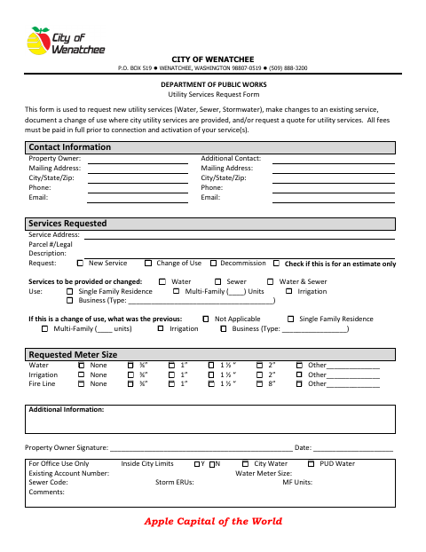 First page of the Utility Services Request Form