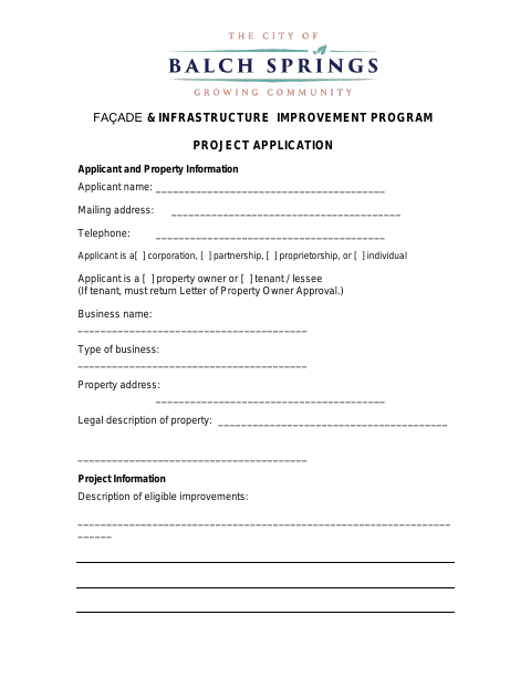 First page of the Façade & Infrastructure Improvement Program Project Application
