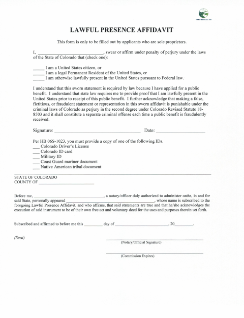 First page of the Sole Proprietor Lawful Presence Affidavit