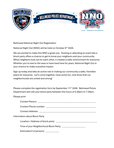 First page of the National Night Out Registration