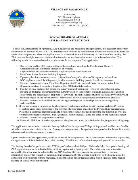 First page of the Zoning Board of Appeals Application
