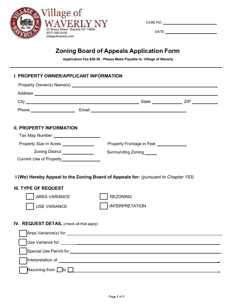 First page of the Zoning Board of Appeals Application