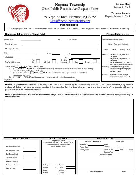 First page of the Open Public Records Act Request Form