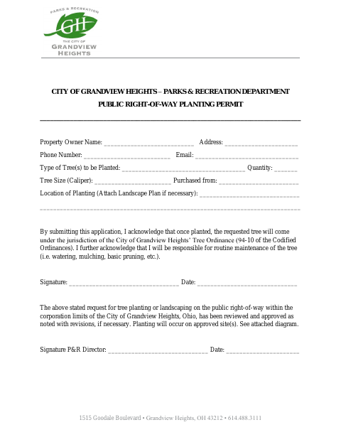 First page of the Public Right-of-Way Planting Permit