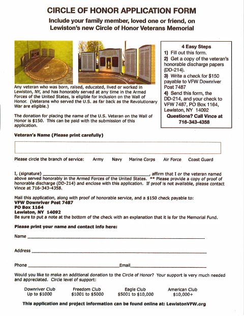 First page of the Circle of Honor Application