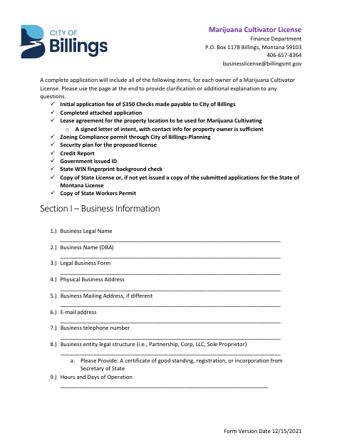 First page of the Marijuana Cultivator License