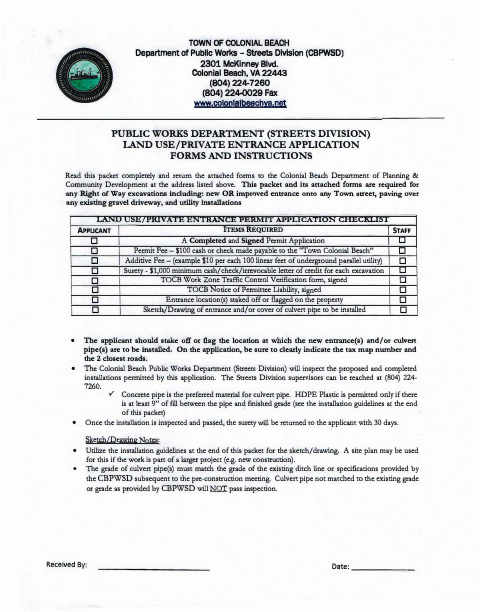 First page of the Land Use/Private Entrance Application Forms and Instructions