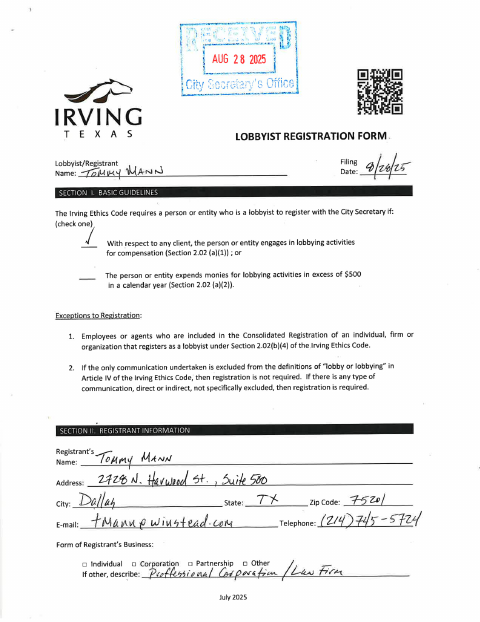 First page of the Lobbyist Registration Form