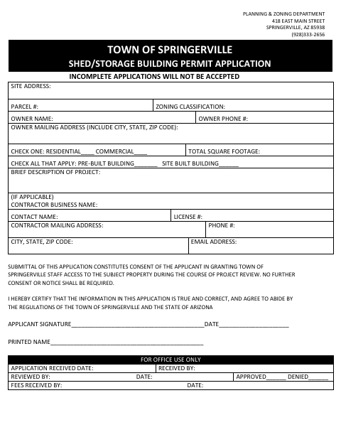 First page of the Shed-Storage Permit Application