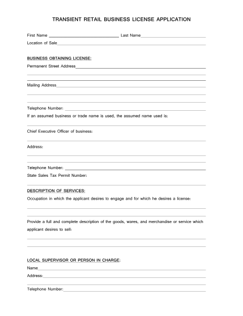 First page of the Transient Retail Business License Application